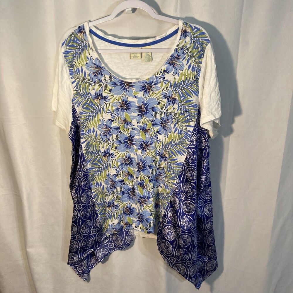 63-1 CARIBBEAN JOE white blue yellow floral shark bite hem top XL